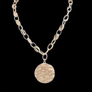 Gold Tone Oval Link Chain Necklace Hammered Coin Disc Pendant 17" NWOT